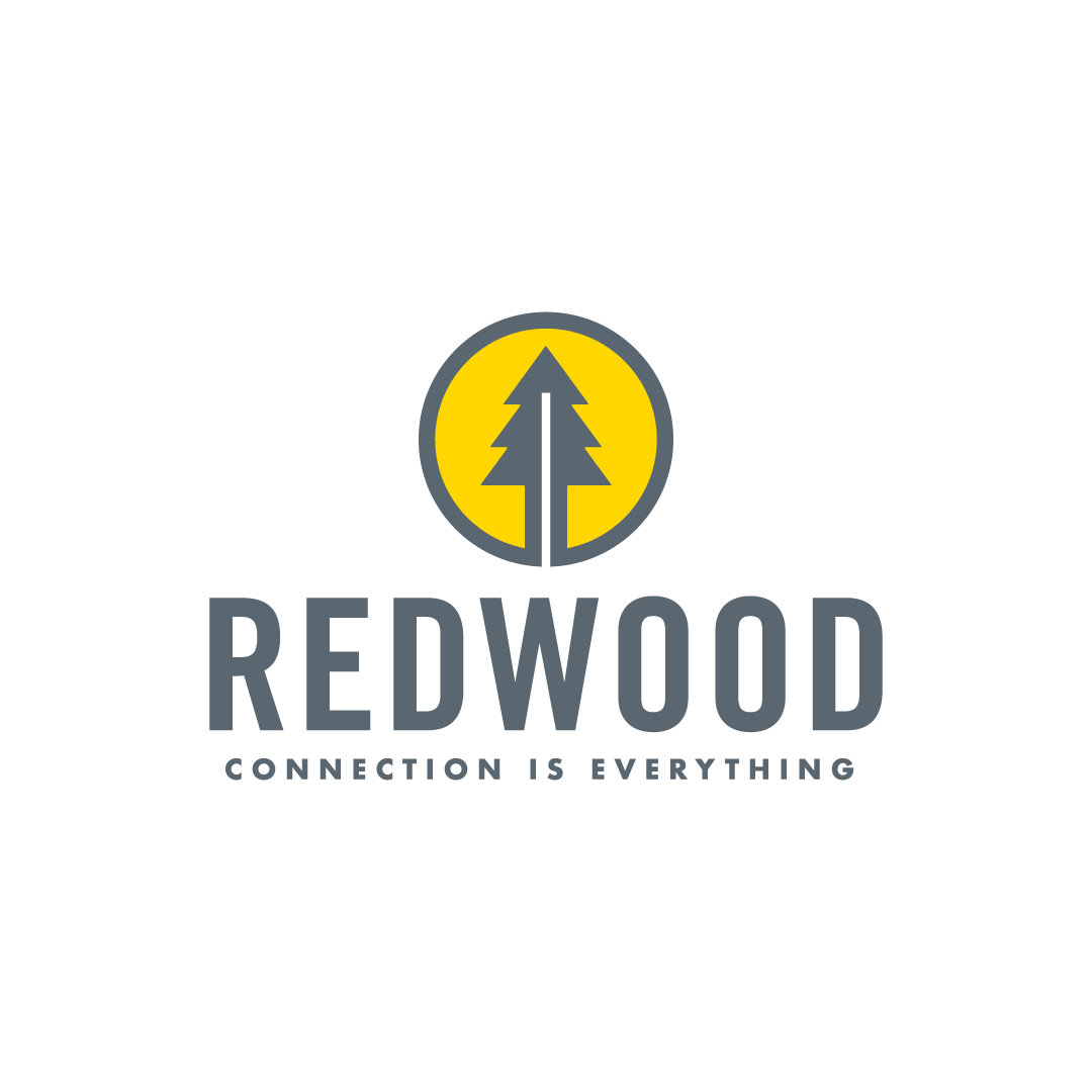 An evergreen illustration enclosed in a circle with the words "REDWOOD connection is everything" below it